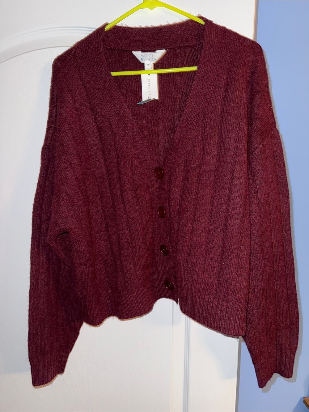Market & Spruce Ribbed V-Neck Button Cardigan - Burgundy